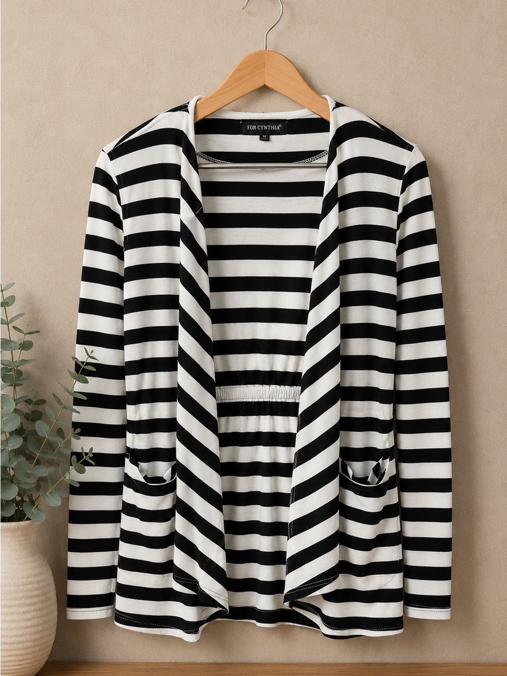 For Cynthia Black & White Striped Open Front Cardigan Sweater Women’s Medium